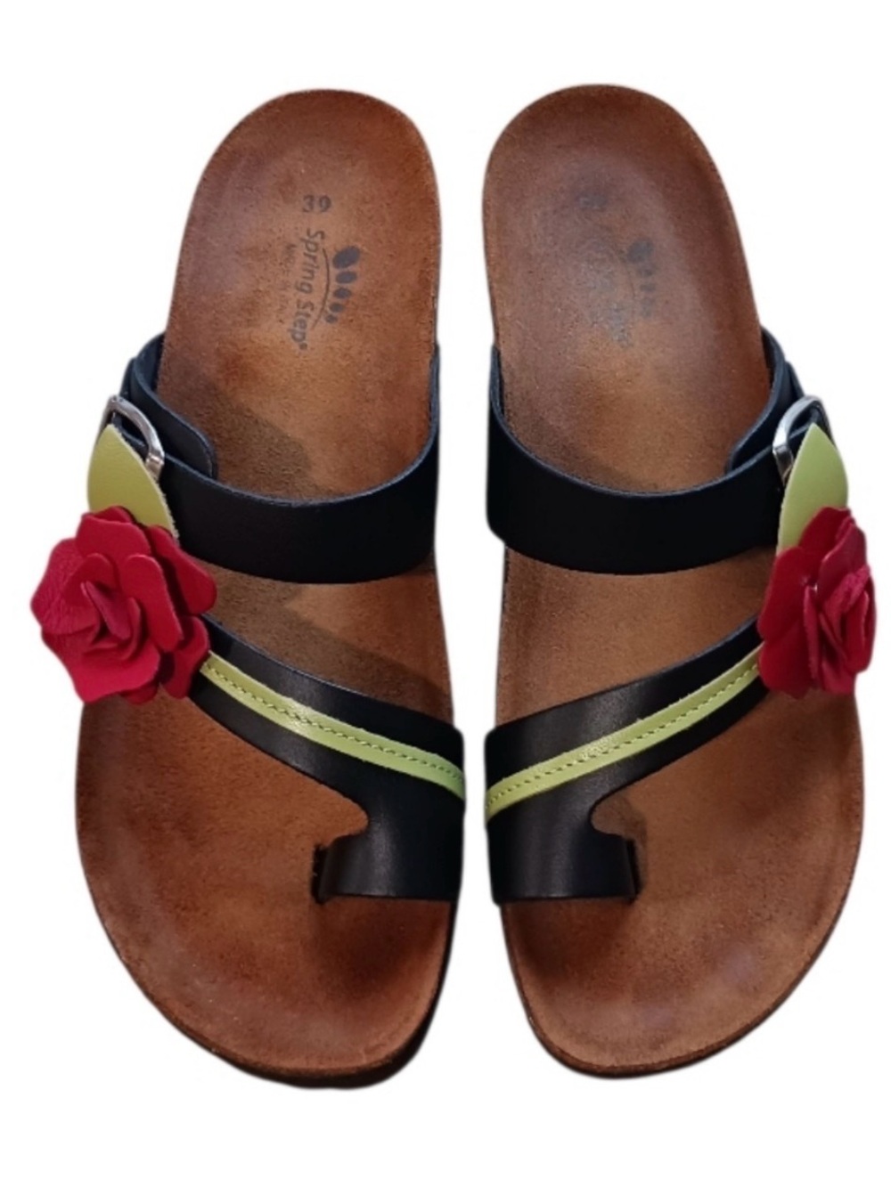 Spring Step Black Sandals with Red Flower and Lime Trim